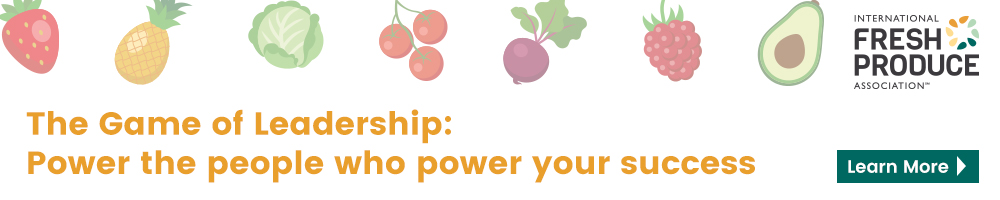 Advertisement for IFPA's Leadership Program. The tag line reads The Game of Leadership: Power the people who power your success. In the background are hand drawn images of strawberry, pineapple, lettuce, cherry, beet, raspberry and avocado.