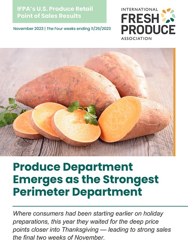 Cover of U.S. Produce Retail POS results November 2023. Yams on wooden boards with title: Produce Department Emerges as the Strongest Perimeter Department